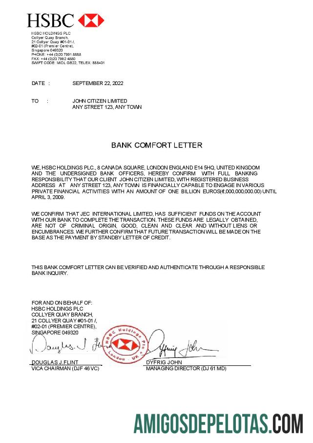 Carta de Referência do Banco HSBC de Cingapura exemplo real